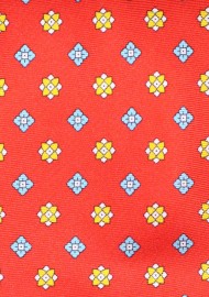 Extra Long Luxury Silk print Necktie in Bright Red, Aqua, Gold