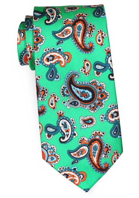 Kelly Green Silk Necktie with Orange, Blue, Peach Paisley