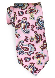 Pastel Pink Silk Tie with Paisley in Navy, Yellow, Burgundy, and Light Blue