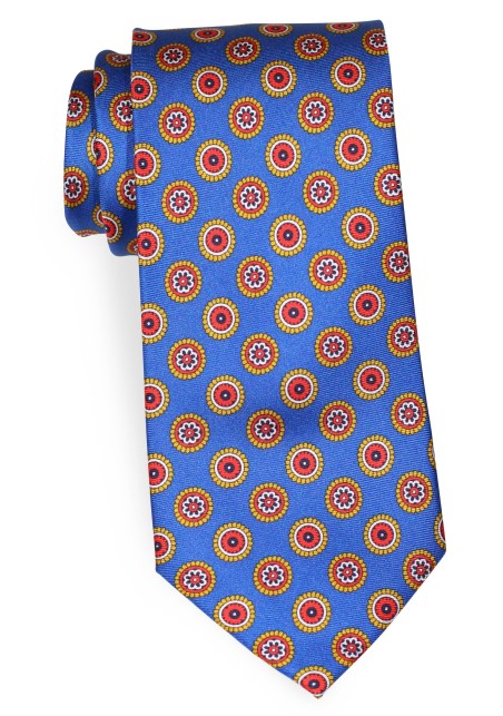 Marine Blue and Red Medallion Print Silk Tie