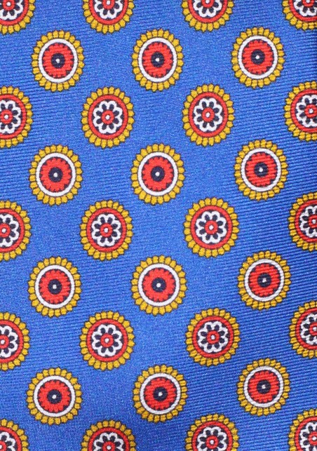 Marine Blue and Red Medallion Print Silk Tie