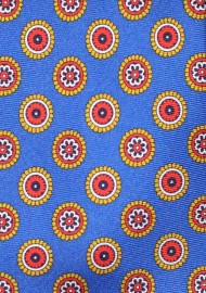 Marine Blue and Red Medallion Print Silk Tie