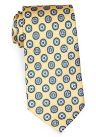 Extra Long Length Golden and Blue Medallion Print Silk Necktie