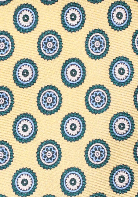 Extra Long Length Golden and Blue Medallion Print Silk Necktie