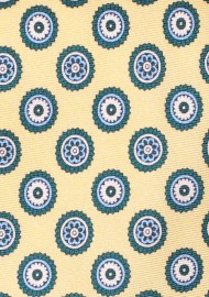 Extra Long Length Golden and Blue Medallion Print Silk Necktie