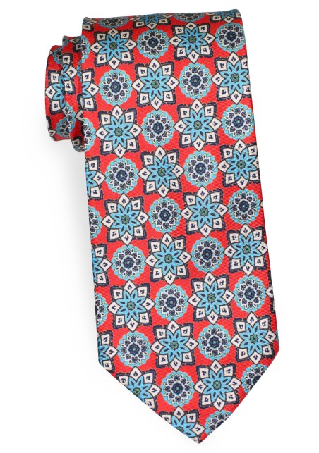 Bright Red and Turquoise Medallion Print Necktie