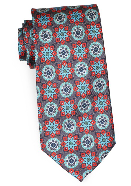 Gray Silk Tie with Bold Retro Pattern in Red, Golden, Aqua