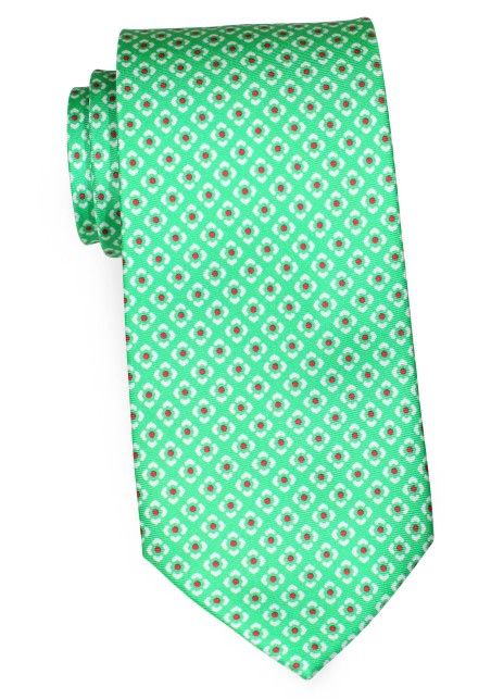 Kelly Green Silk Tie with Geometric Print in Hot Pink and White