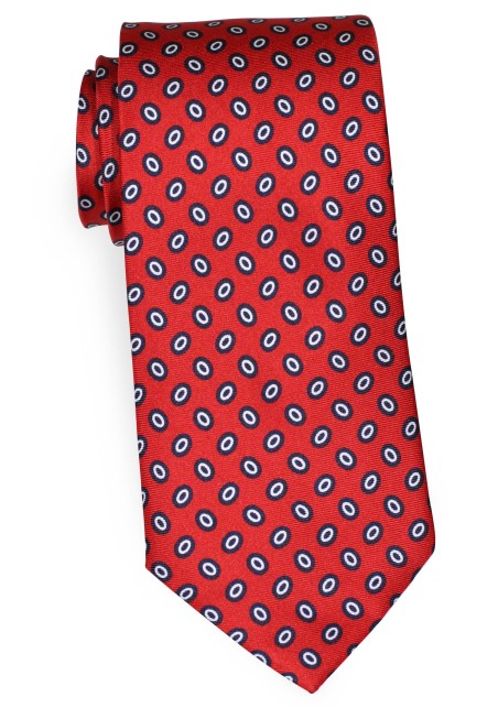Extra Long Cherry Red Mens Tie with Oval Dots in Navy