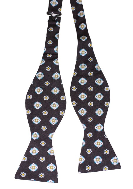 Black Silk Bow Tie with Large Floral Medallion Print