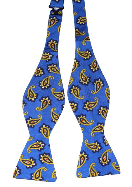 Marine Blue and Gold Paisley Bow Tie in Luxury Silk
