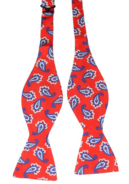 Self Tied Silk Bow Tie in Bright Red and Blue Paisley Print