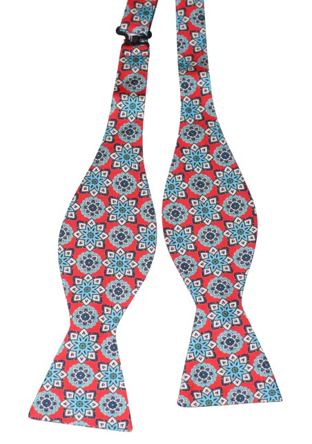 Red Silk Bow Tie with Detailed Vintage Print in Turquoise