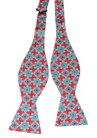 Red Silk Bow Tie with Detailed Vintage Print in Turquoise
