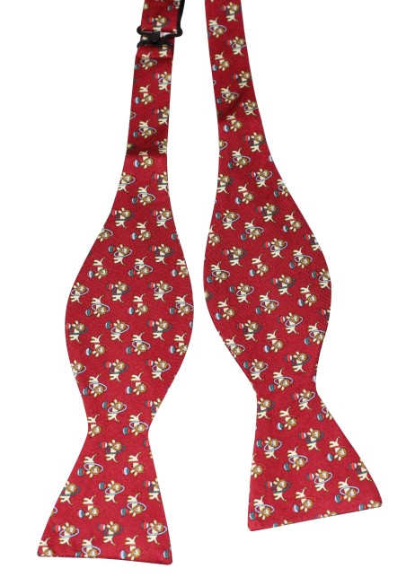 Self Tied Silk Bow tie with Circus Lion Print in Burgundy and Gold