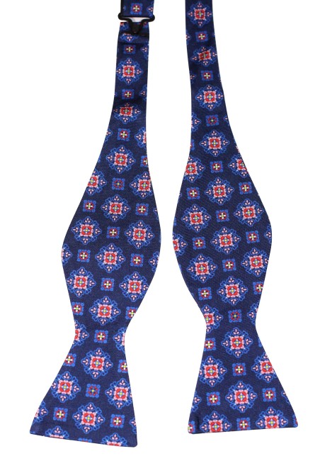 Navy Silk BowTie with Medallion Print in Red and Pink