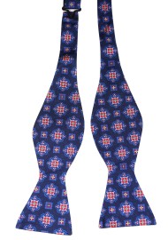 Navy Silk BowTie with Medallion Print in Red and Pink