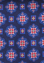 Navy Silk BowTie with Medallion Print in Red and Pink