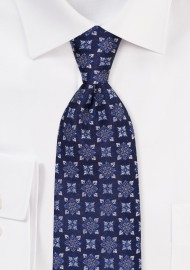 Woven Medallion Design Silk Tie in Navy