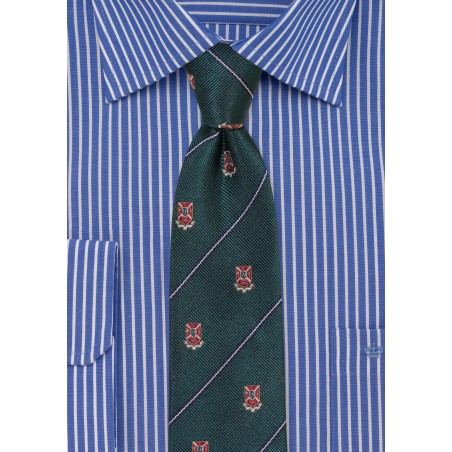 Forest Green Skinny Tie with Woven Crests