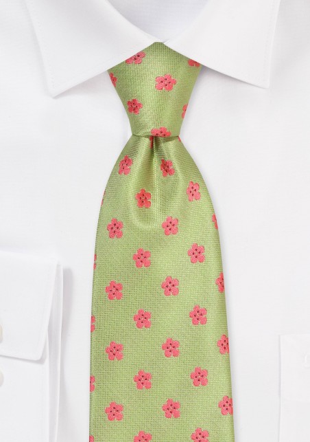 Floral Tie in Herbal Green and Coral Pink