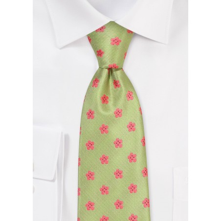 Floral Tie in Herbal Green and Coral Pink