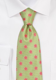 Floral Tie in Herbal Green and Coral Pink