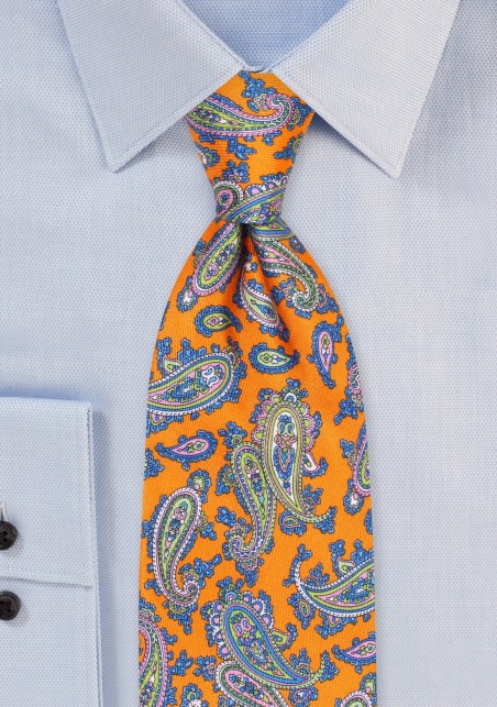 French Paisley Silk Tie in Tangerine and Blue