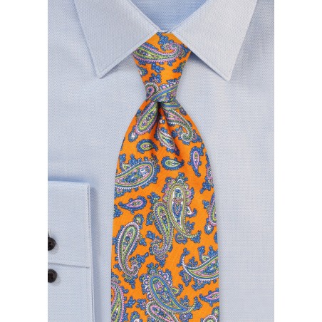 French Paisley Silk Tie in Tangerine and Blue