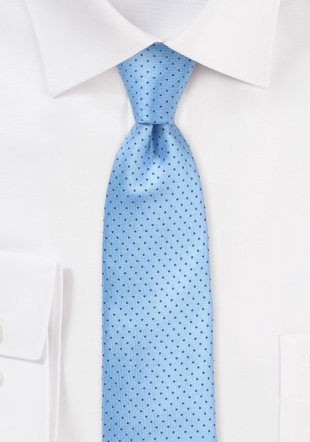 Light Blue Skinny Silk Tie with Dark Navy Pin Dots
