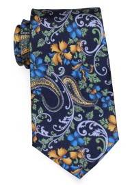 Navy Blue Floral Tie with Yellow Accents