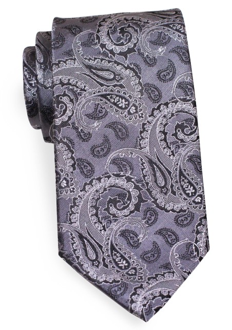 Bold Paisley Tie in Gray | Large Woven Paisley Necktie in Gray and Silver