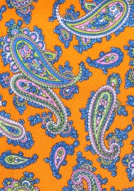 French Paisley Silk Tie in Tangerine and Blue