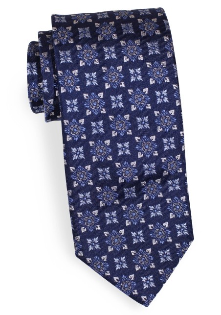 Woven Medallion Design Silk Tie in Navy