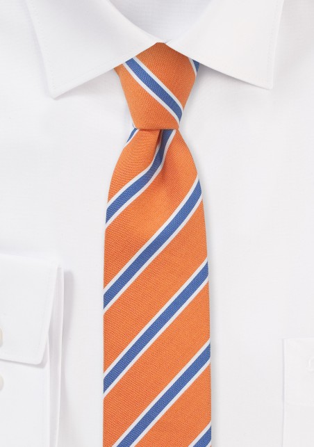 Trendy Summer Linen Skinny Tie in Tangerine and Blue