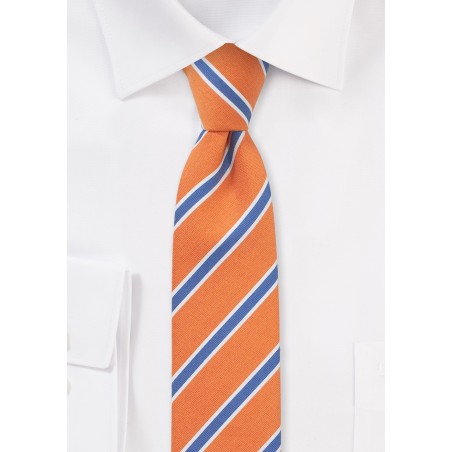 Trendy Summer Linen Skinny Tie in Tangerine and Blue