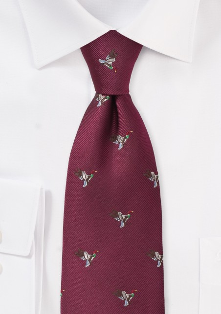 Burgundy Woven Silk Tie with Ducks