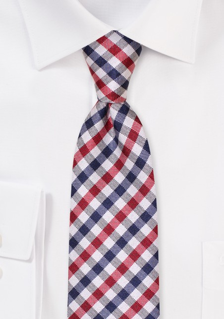 Gray, Navy, and Red Gingham Check Tie
