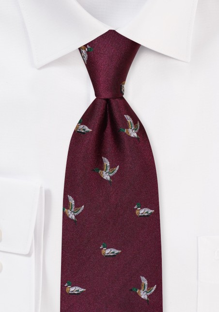 Wine Red Silk Tie with Embroidered Ducks