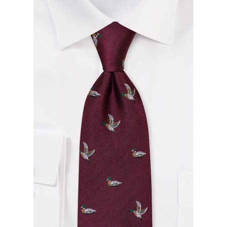 Wine Red Silk Tie with Embroidered Ducks