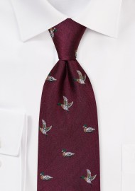 Wine Red Silk Tie with Embroidered Ducks