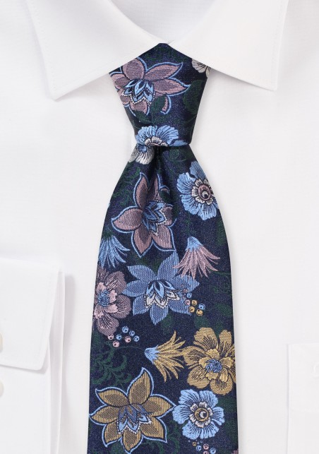 Floral Mens Tie in Green, Blue, Gold