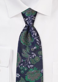 Navy and Green Floral Necktie in XL Size