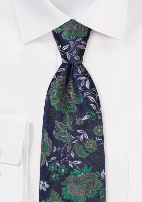 Dark Green and Navy Blue Floral Necktie