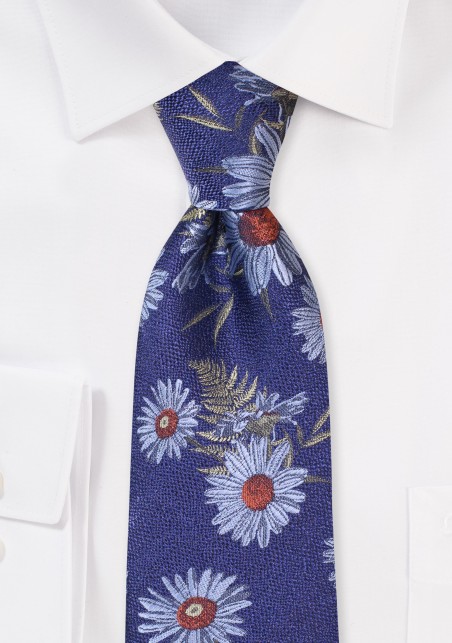 Blue Tie with Large Woven Daisy Flowers