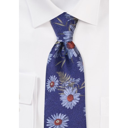 Blue Tie with Large Woven Daisy Flowers