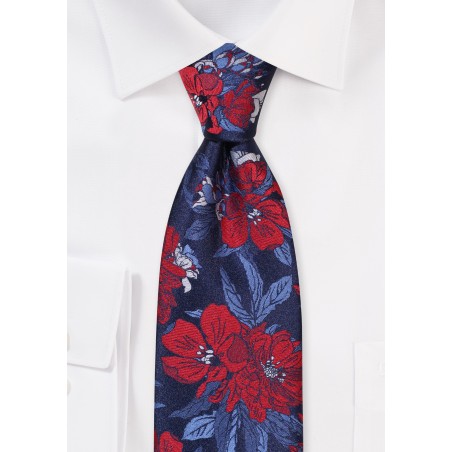 Floral Mens Tie in Cherry and Blue