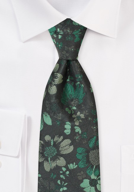 Extra Long Necktie in Dark Green Floral Design