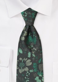 Extra Long Necktie in Dark Green Floral Design