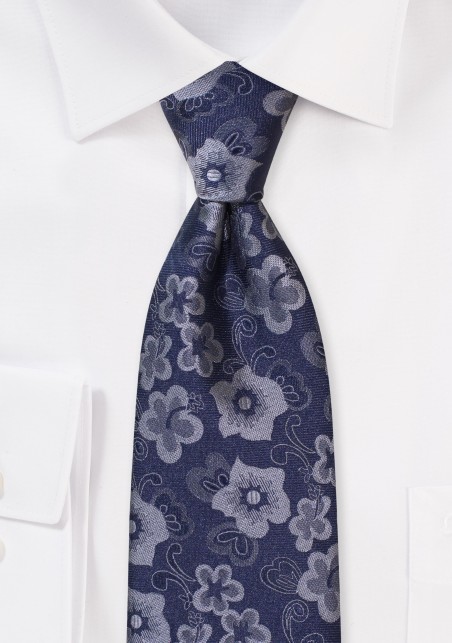 Floral Tie in Silver and Classic Navy